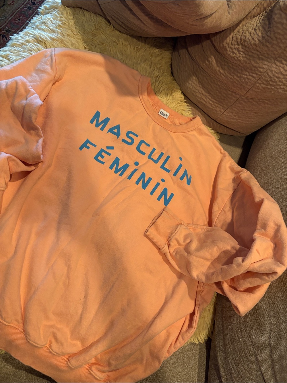 Clare V Peach Crewneck Sweatshirt with Blue Logo Sz m